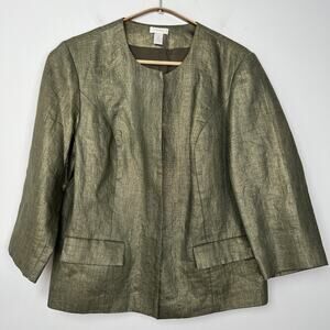 Chicos Women’s Sz 2 Jacket Collarless Blazer 100% linen Metallic Gold 3/4 Sleeve